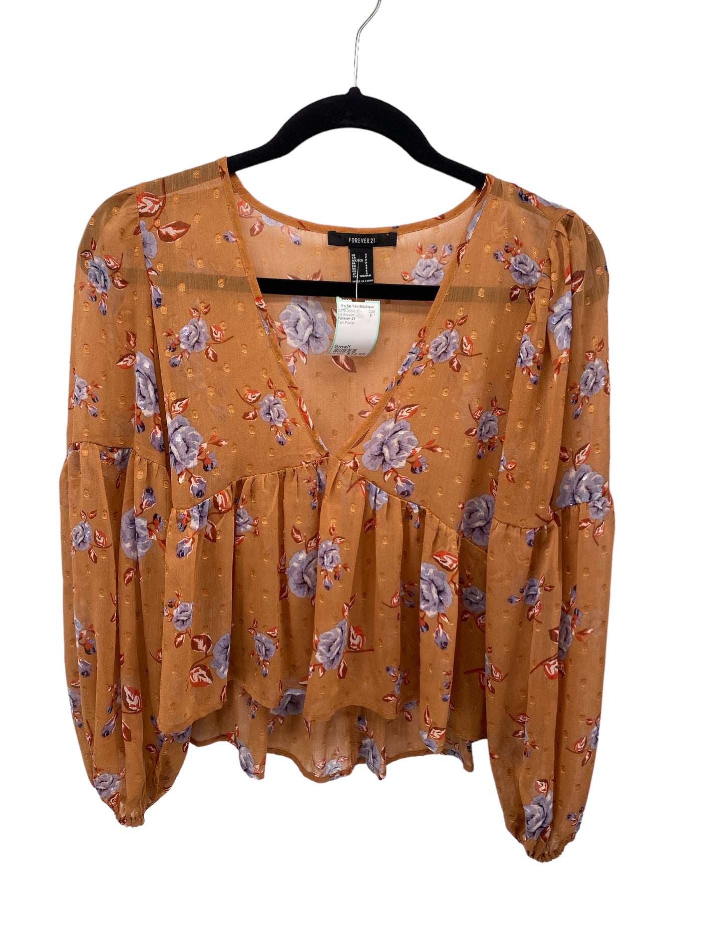Forever 21 Misses Size Small Tan Floral LS Blouse