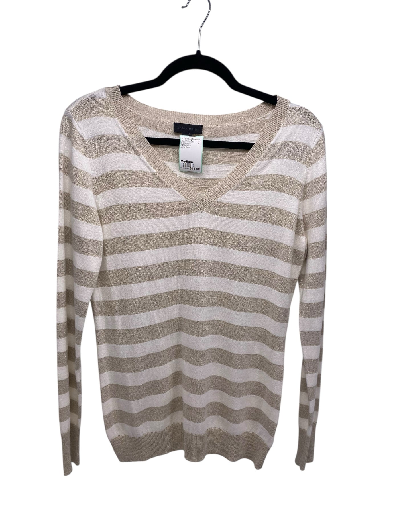 Worthington Misses Size Medium Beige Print LS Blouse