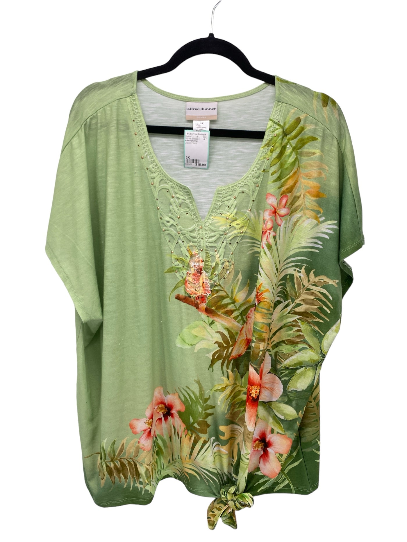 Alfred Dunner Women Size 3X Green Floral CD SS Blouse