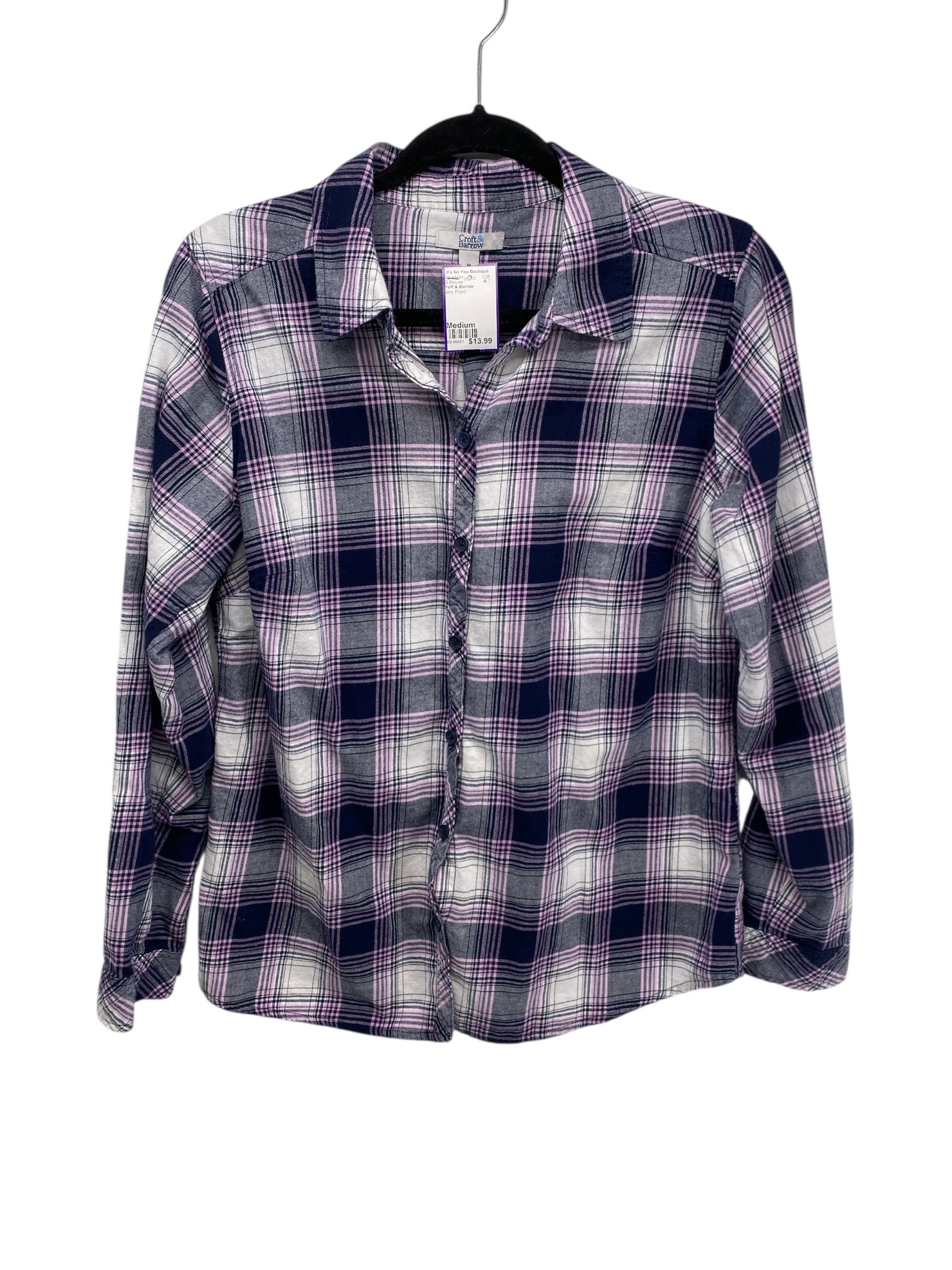 Croft & Barrow Misses Size Medium Navy Plaid LS Blouse