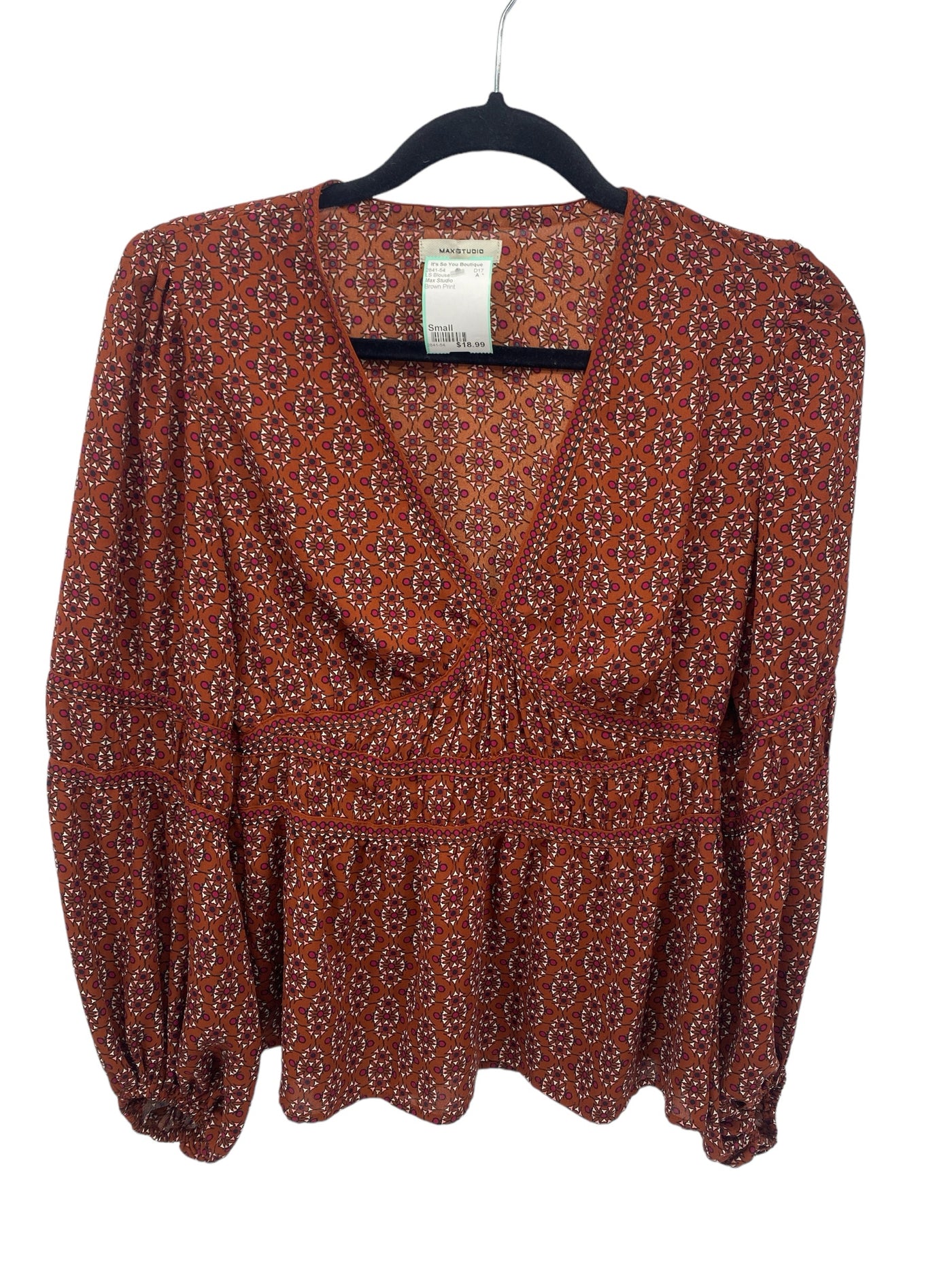 Max Studio Misses Size Small Brown Print LS Blouse