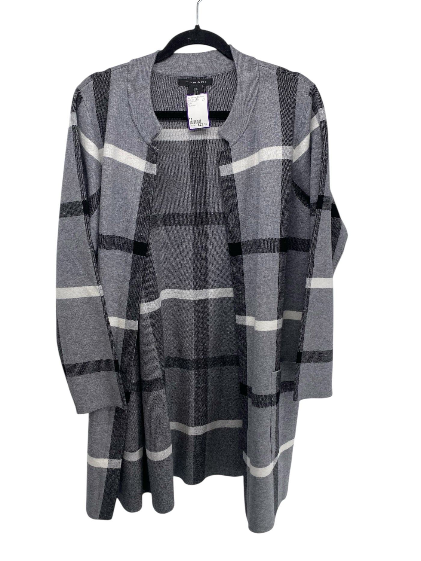 Tahari Women Size 1X Grey Plaid CD Cardigan