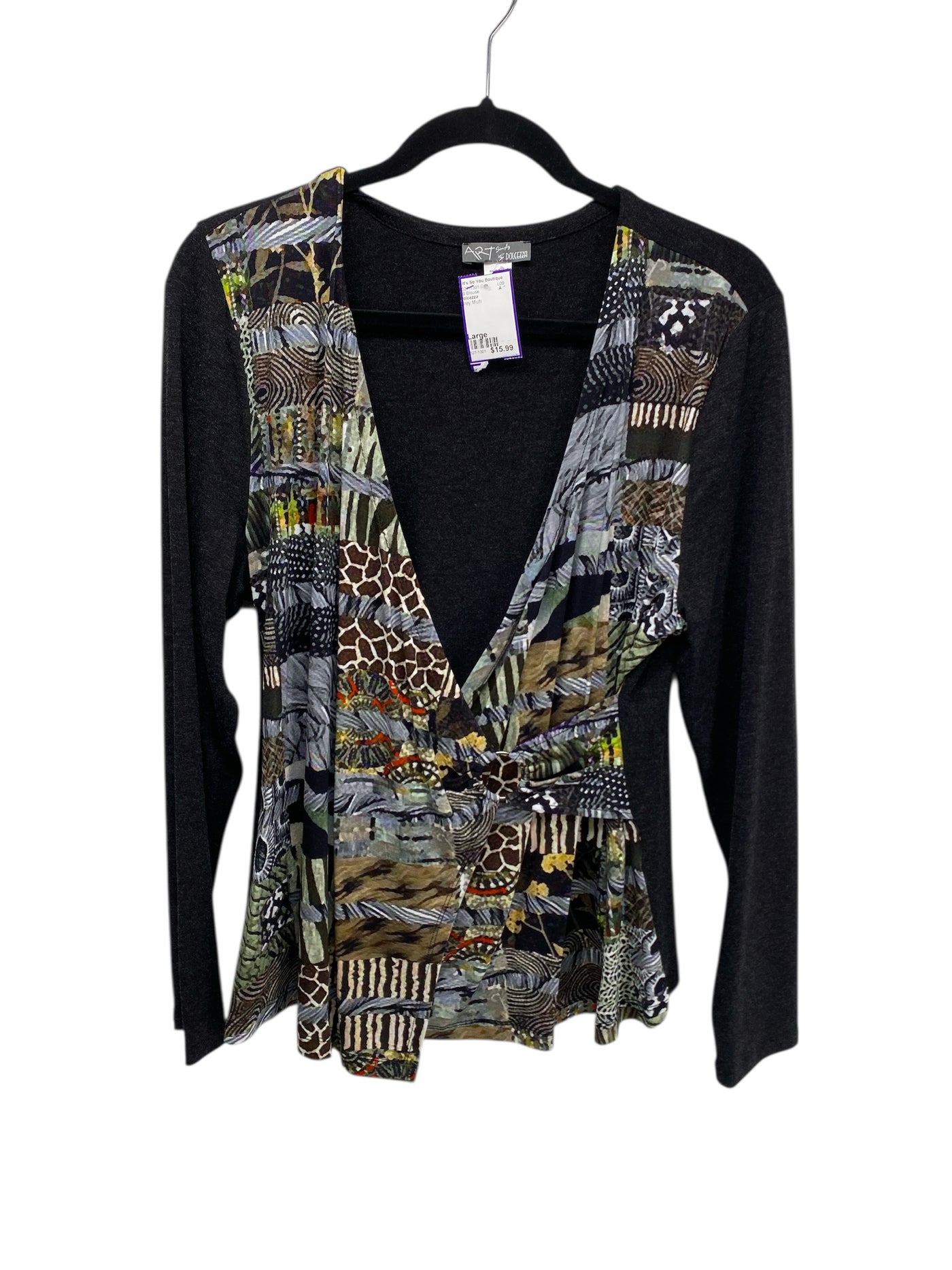 Dolcezza Misses Size Large Grey Multi LS Blouse