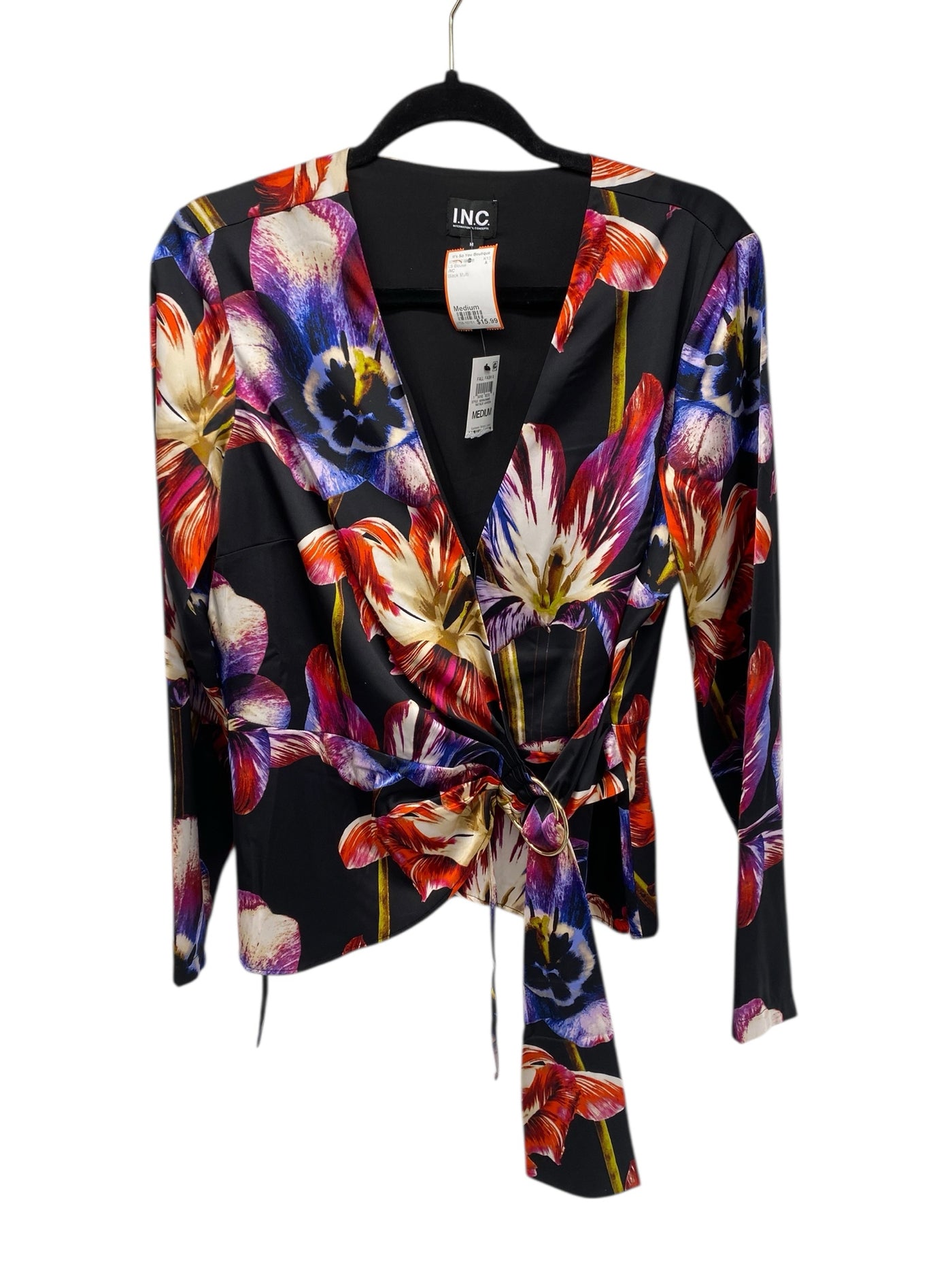 INC Misses Size Medium Black Multi LS Blouse