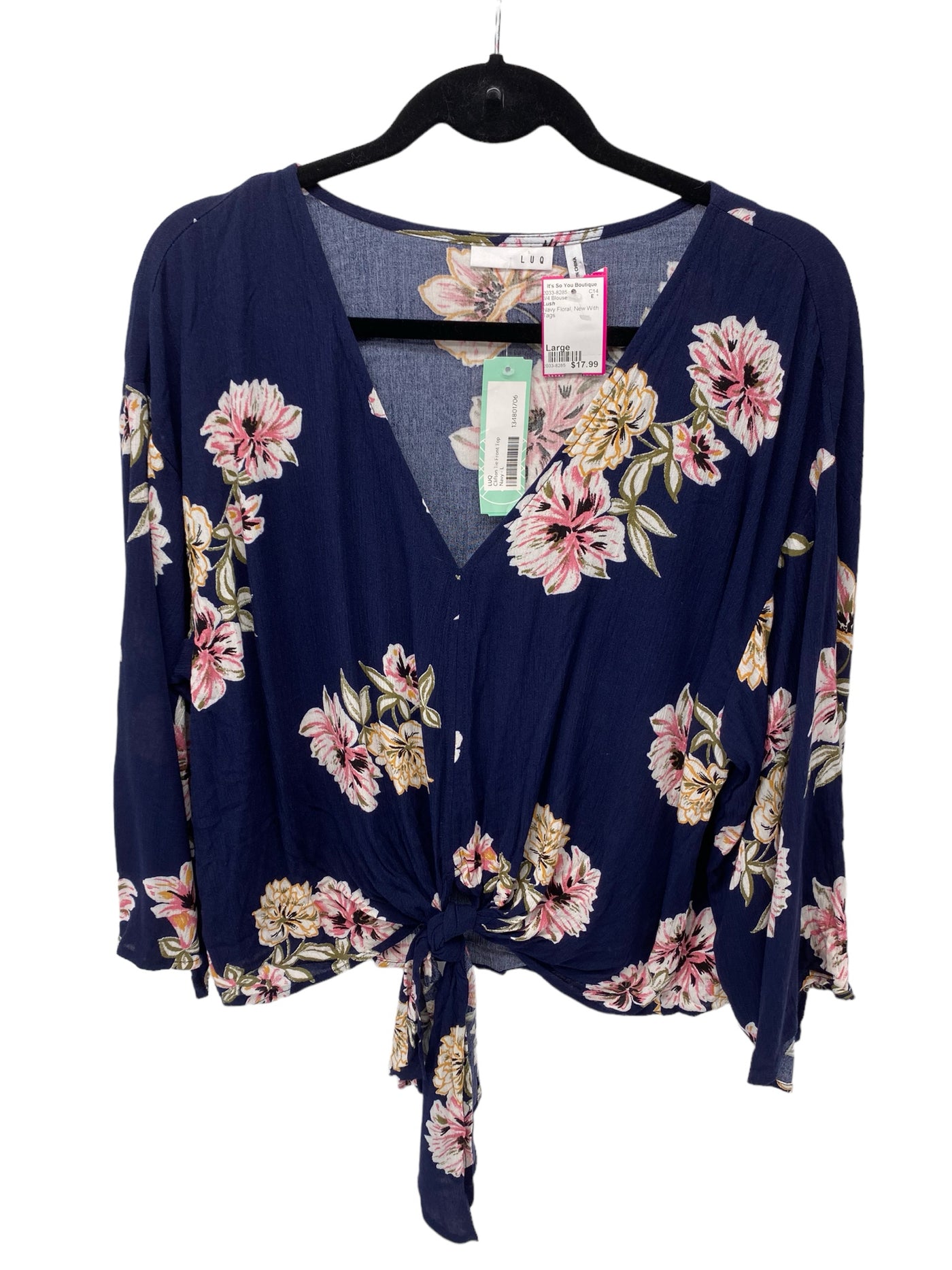 Lush Misses Size Large Navy Floral New With Tags 3/4 Blouse